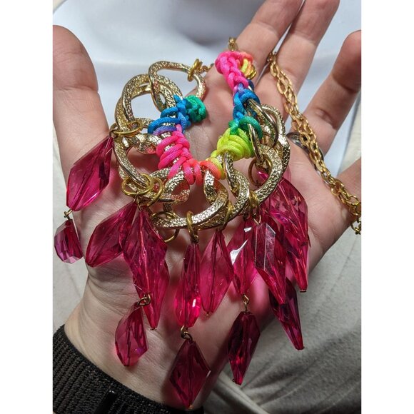 Neon Rainbow Glam Gem Fringe Statement Necklace - Picture 4 of 7